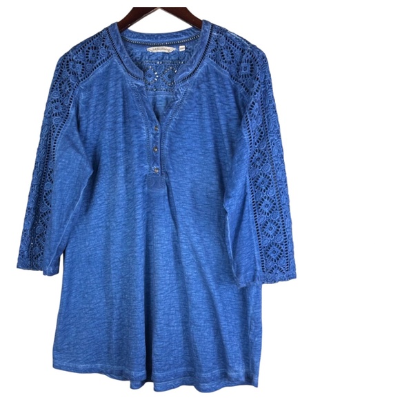 Soft Surroundings Draco Top Tunic Shirt Sz Large 12 14 Blue Lace Boho Peasant - Picture 2 of 6